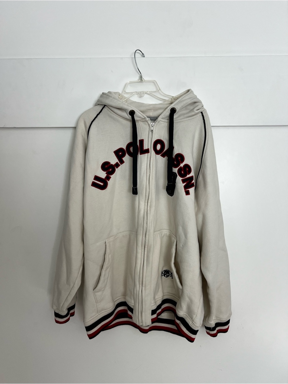 U.S. Polo Assn. Cream Zip Front Hoodie with Black & Red Trim